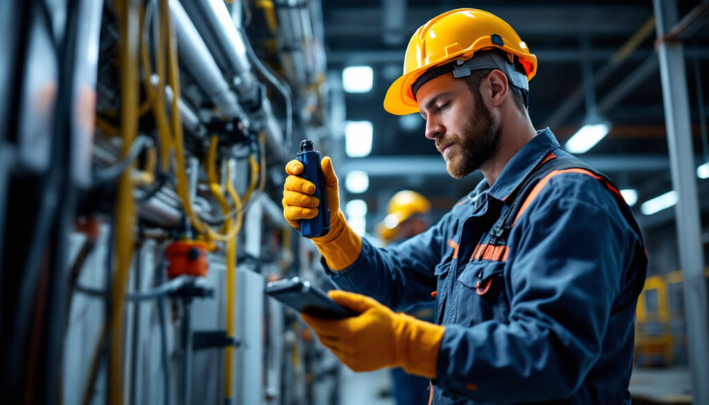 A photograph of an electrician or lighting contractor working with 277-volt lighting systems
