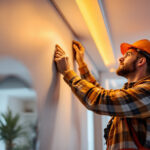 A photograph of a skilled lighting contractor expertly installing led trim lights in a modern interior space