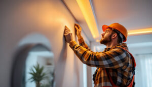 A photograph of a skilled lighting contractor expertly installing led trim lights in a modern interior space
