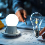 A photograph of a lighting contractor examining a bright led bulb and a traditional hid bulb side by side on a workbench