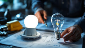 A photograph of a lighting contractor examining a bright led bulb and a traditional hid bulb side by side on a workbench
