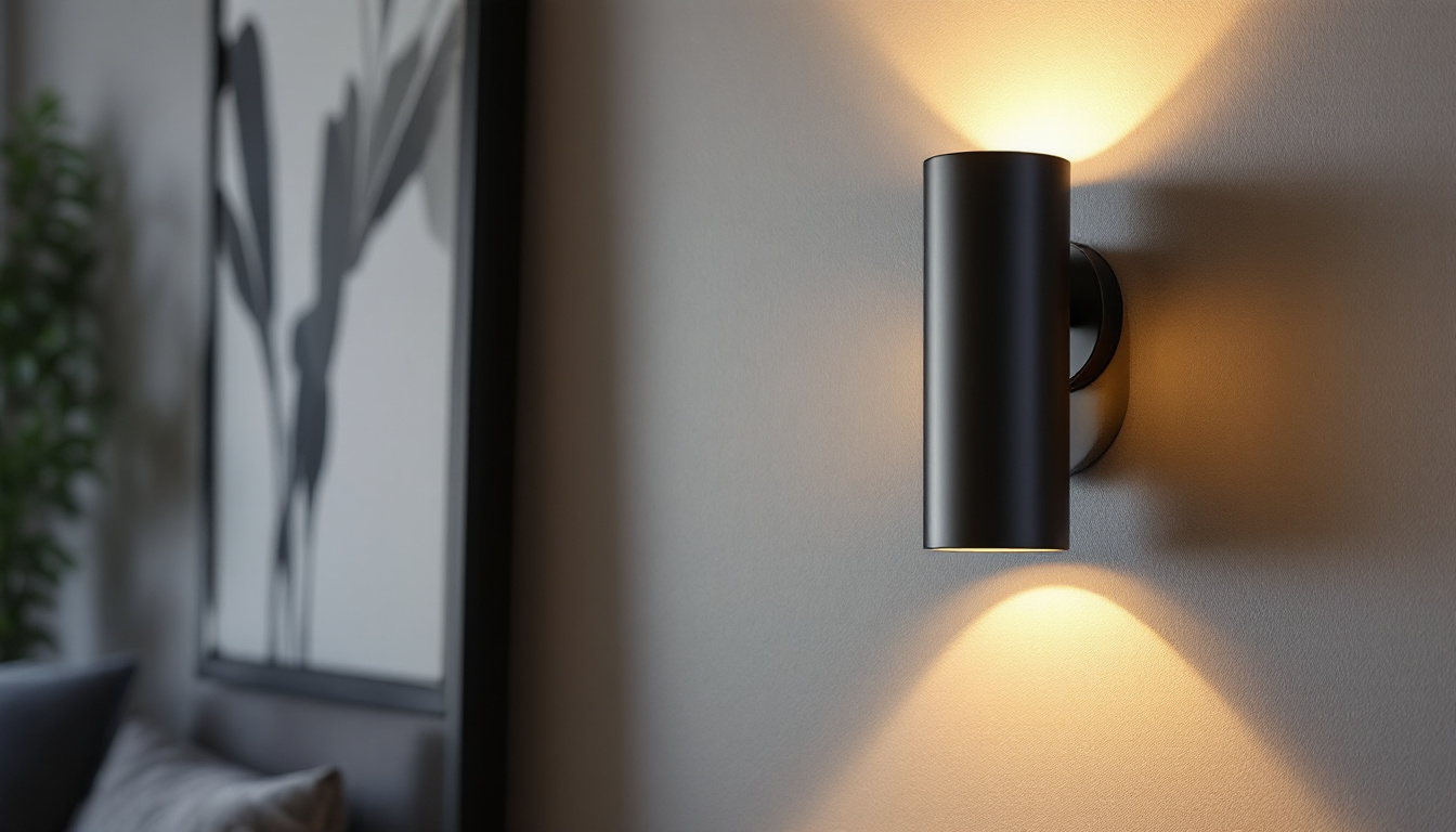 A photograph of a stylish modern black cylinder wall sconce illuminated in a contemporary interior setting