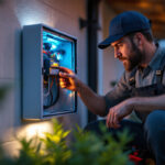 A photograph of a skilled lighting contractor installing or working with an exterior electric box in a residential or commercial setting