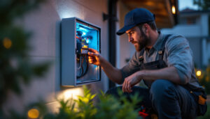 A photograph of a skilled lighting contractor installing or working with an exterior electric box in a residential or commercial setting