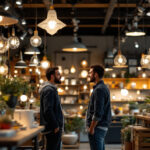 A photograph of a well-organized lighting showroom featuring a variety of stylish light fixtures