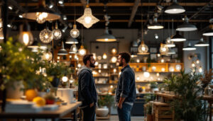 A photograph of a well-organized lighting showroom featuring a variety of stylish light fixtures