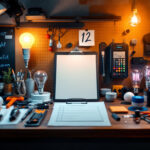 A photograph of a well-organized workspace featuring a variety of high-quality light bulbs