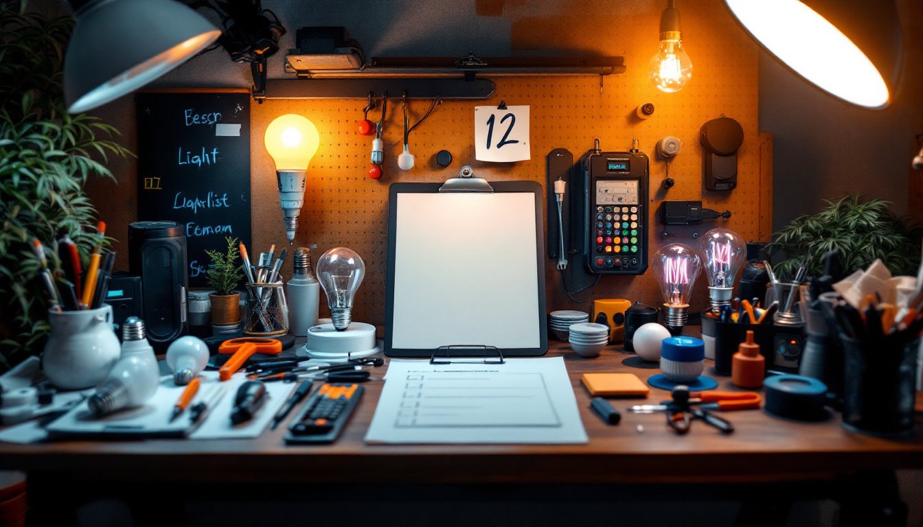 A photograph of a well-organized workspace featuring a variety of high-quality light bulbs