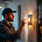 A photograph of a lighting contractor installing or adjusting a sleek