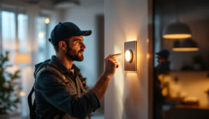 A photograph of a lighting contractor installing or adjusting a sleek