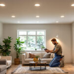 A photograph of a well-lit room featuring multiple 4-inch recessed lights in various settings—such as a living room