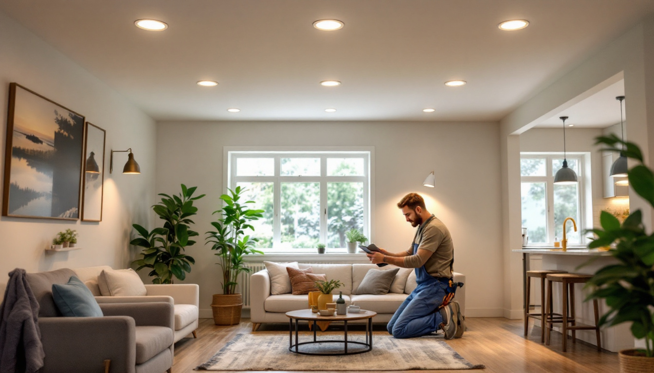 A photograph of a well-lit room featuring multiple 4-inch recessed lights in various settings—such as a living room