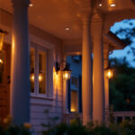 A photograph of a beautifully designed porch illuminated by stylish hanging lights during twilight