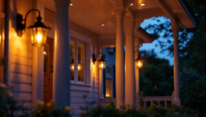 A photograph of a beautifully designed porch illuminated by stylish hanging lights during twilight