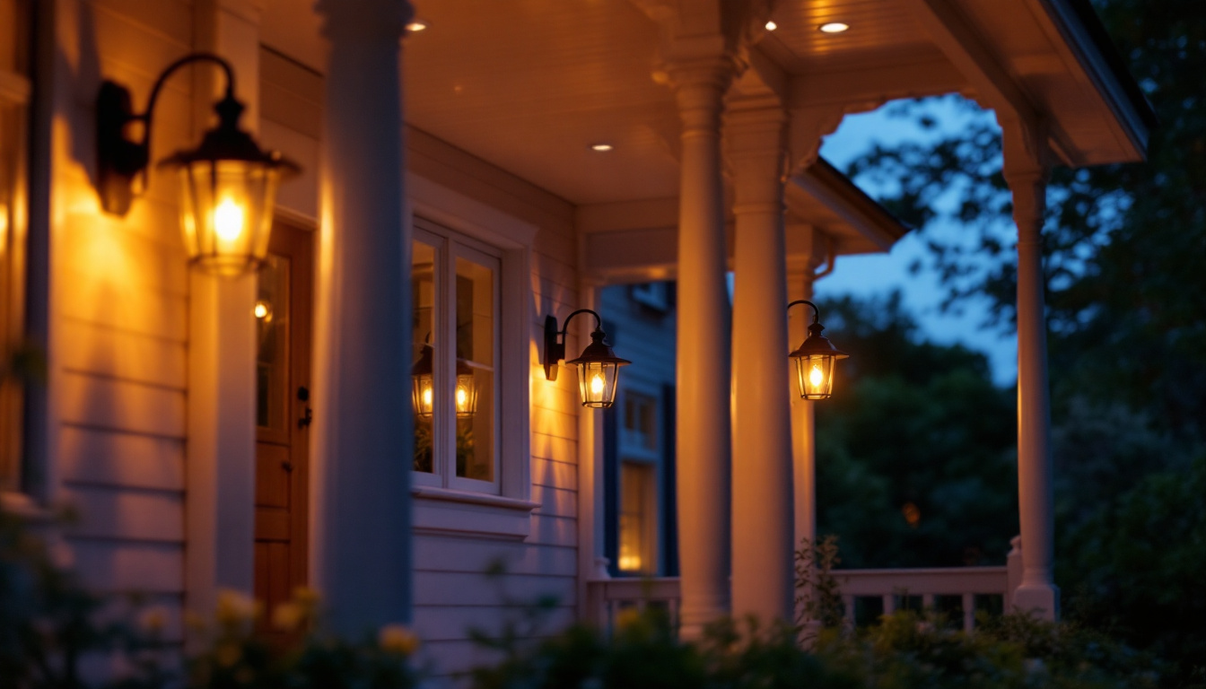 A photograph of a beautifully designed porch illuminated by stylish hanging lights during twilight