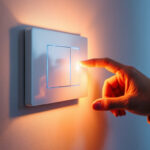 A photograph of a modern light switch being operated in a stylishly lit room