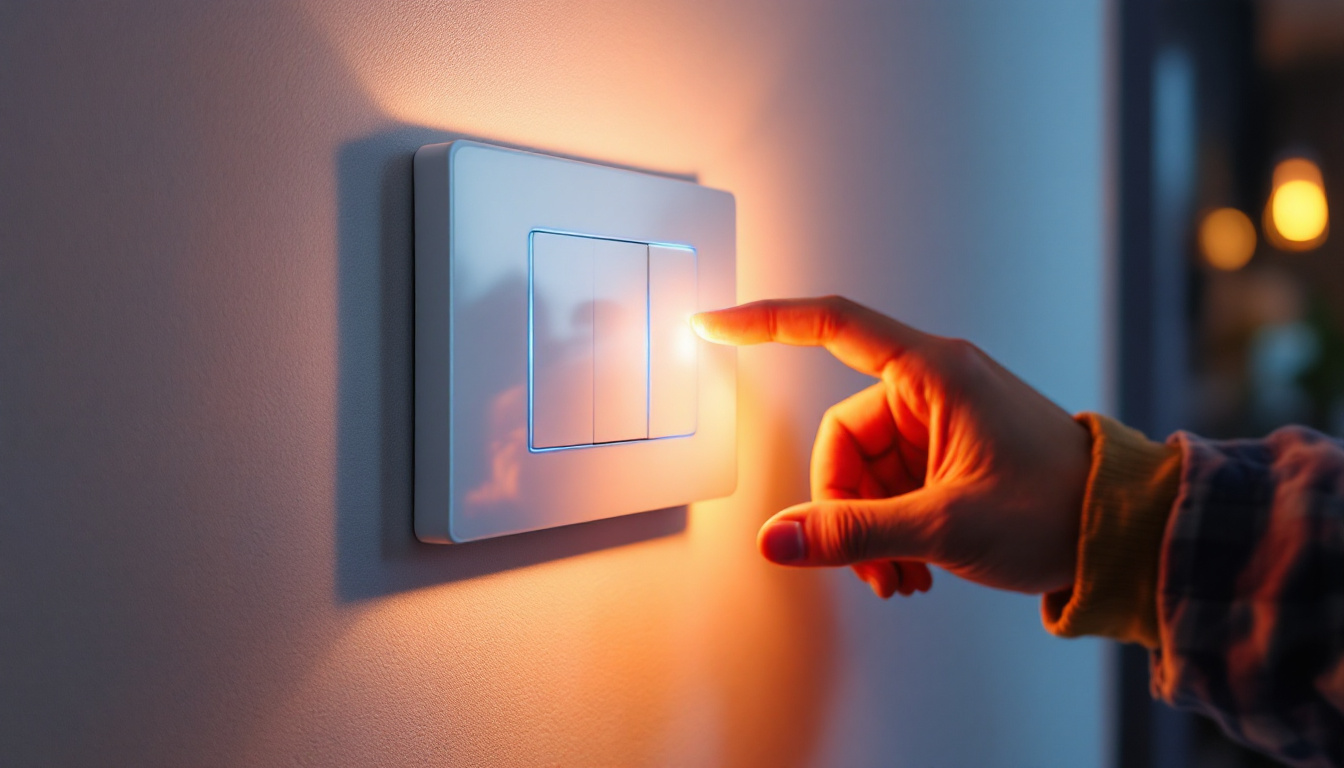 A photograph of a modern light switch being operated in a stylishly lit room