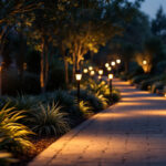 A photograph of a beautifully illuminated outdoor walkway featuring stylish pathway lights