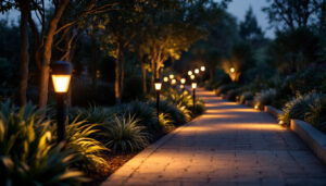 A photograph of a beautifully illuminated outdoor walkway featuring stylish pathway lights