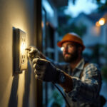 A photograph of a skilled lighting contractor installing a double duplex receptacle in a well-lit residential setting