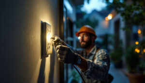 A photograph of a skilled lighting contractor installing a double duplex receptacle in a well-lit residential setting