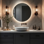 A photograph of a stylish bathroom vanity illuminated by elegant lighting fixtures