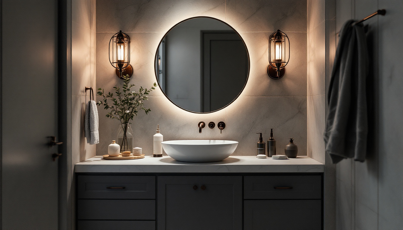 A photograph of a stylish bathroom vanity illuminated by elegant lighting fixtures