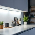 A photograph of a well-lit workspace featuring small strip lighting installed under cabinets or shelves