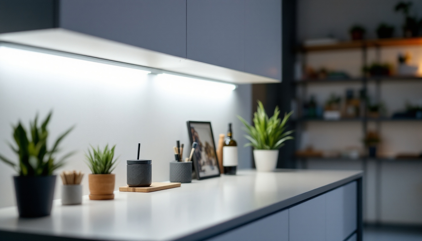 A photograph of a well-lit workspace featuring small strip lighting installed under cabinets or shelves