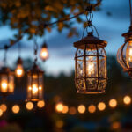 A photograph of a beautifully illuminated outdoor space featuring a variety of stylish hanging lanterns