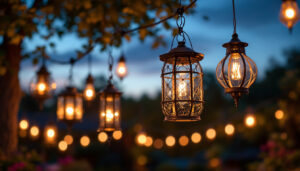 A photograph of a beautifully illuminated outdoor space featuring a variety of stylish hanging lanterns