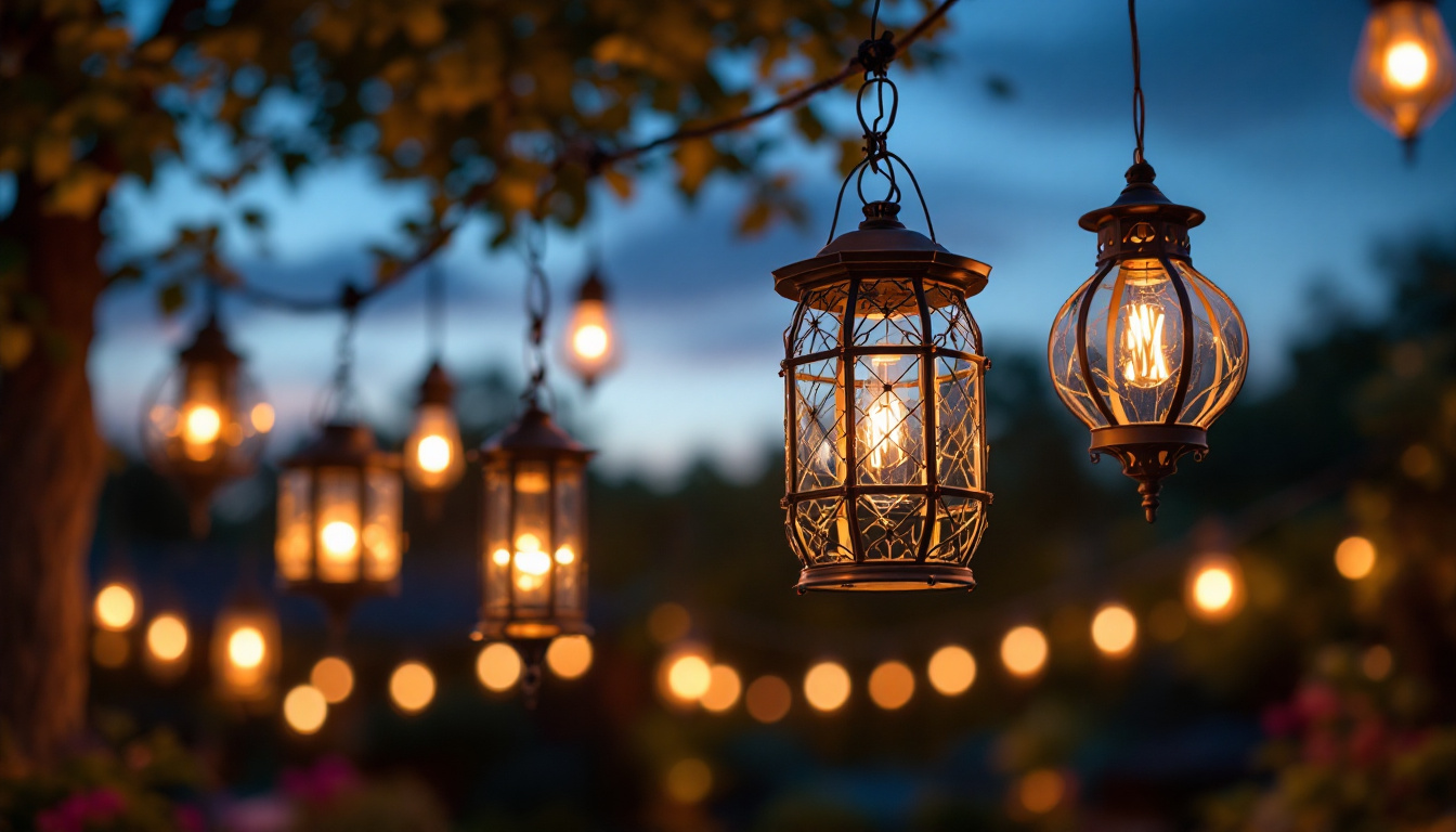 A photograph of a beautifully illuminated outdoor space featuring a variety of stylish hanging lanterns