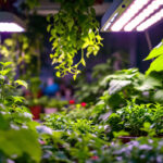 A photograph of a vibrant indoor garden illuminated by various led grow lights