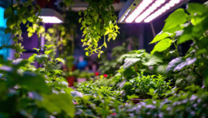 A photograph of a vibrant indoor garden illuminated by various led grow lights