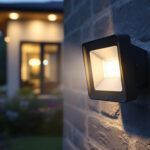 A photograph of a well-lit outdoor setting featuring a stylish motion sensor flood light fixture in action