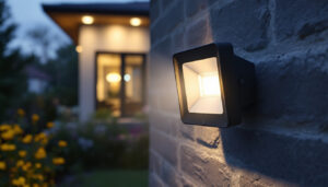 A photograph of a well-lit outdoor setting featuring a stylish motion sensor flood light fixture in action
