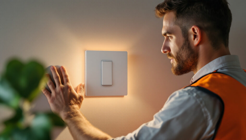 A photograph of a lighting contractor installing a modern wifi-enabled light switch in a stylish home setting