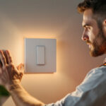 A photograph of a lighting contractor installing a modern wifi-enabled light switch in a stylish home setting