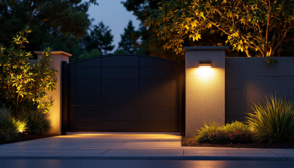A photograph of a beautifully illuminated solar gate light installed at a residential entrance during twilight