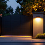 A photograph of a beautifully illuminated solar gate light installed at a residential entrance during twilight