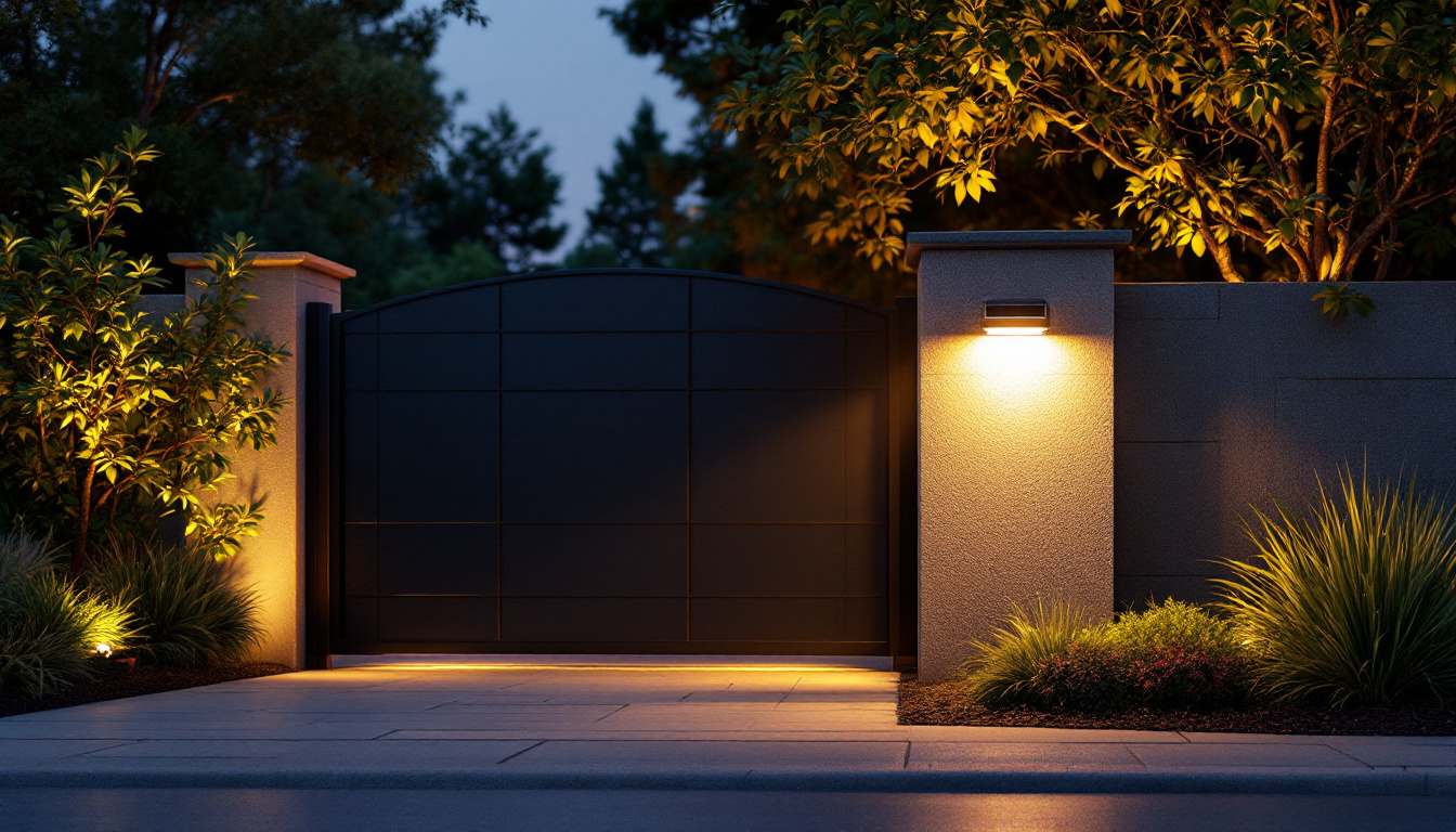 A photograph of a beautifully illuminated solar gate light installed at a residential entrance during twilight