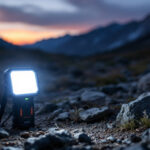 A photograph of a rugged outdoor scene at dusk