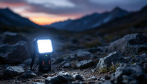 A photograph of a rugged outdoor scene at dusk