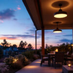 A photograph of a beautifully illuminated outdoor space featuring stylish ceiling lighting fixtures