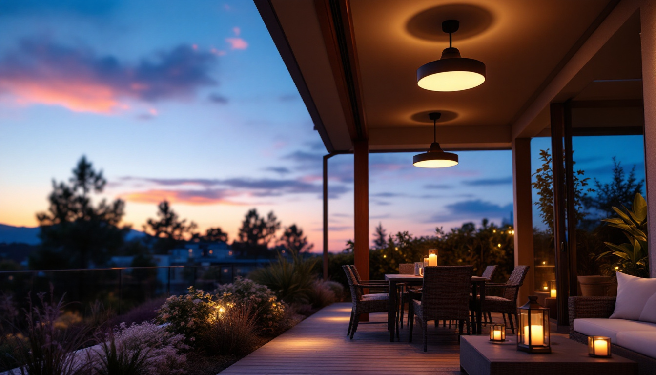 A photograph of a beautifully illuminated outdoor space featuring stylish ceiling lighting fixtures