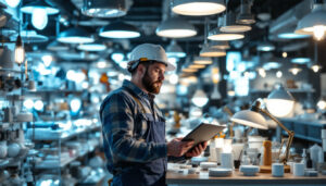A photograph of a lighting contractor examining a variety of electric lighting products in a well-lit showroom