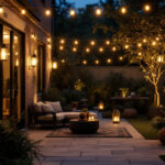 A photograph of a beautifully illuminated outdoor space featuring various smart lighting solutions
