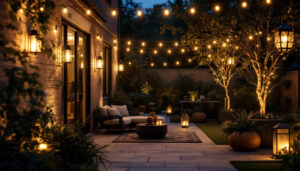 A photograph of a beautifully illuminated outdoor space featuring various smart lighting solutions