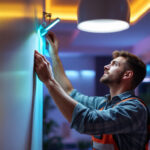 A photograph of a lighting contractor installing eco-friendly led lights in a modern residential setting