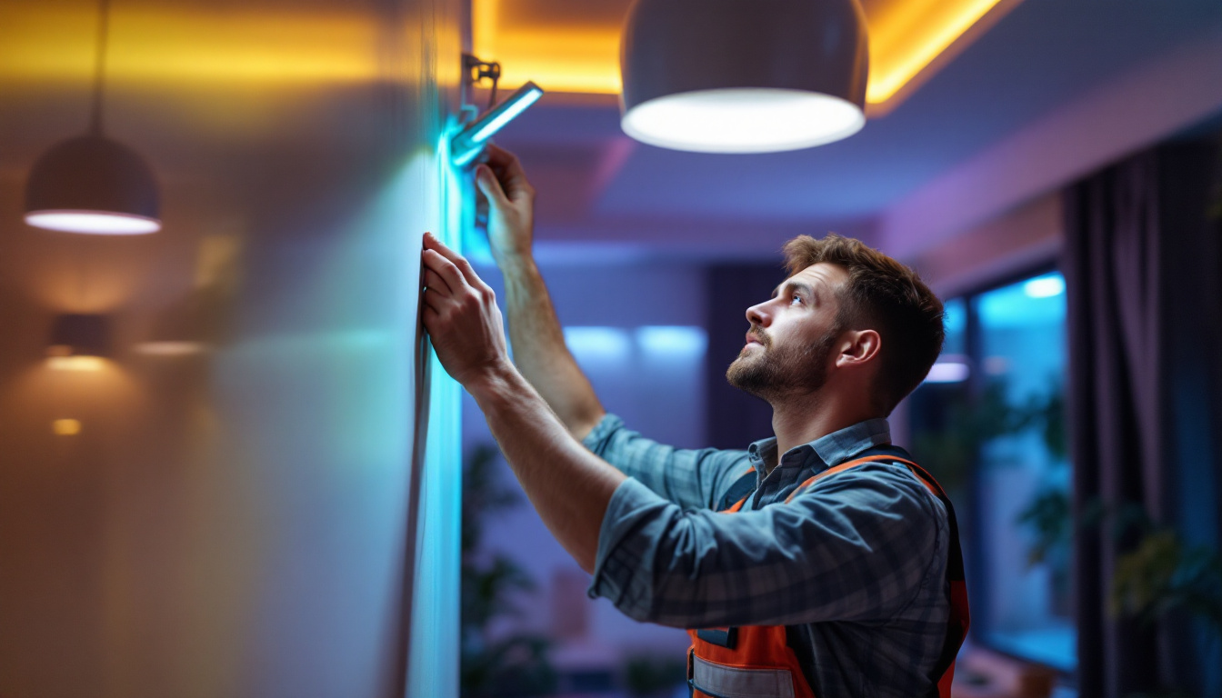 A photograph of a lighting contractor installing eco-friendly led lights in a modern residential setting